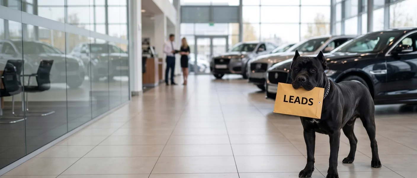 Cane Corso standing in a bright auto dealership showroom, holding a manila envelope that reads LEADS in its mouth