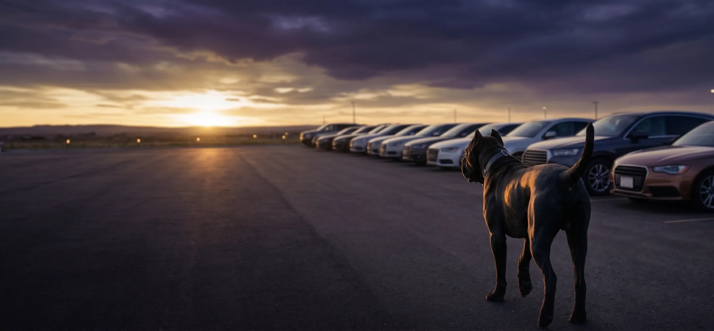 A lead Cane Corso walking ahead through a dealership lot at sunset, the rest of the pack parked behind it